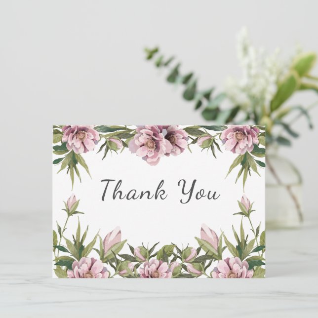 Tarjeta Watercolor Pink Peony, verde boda gracias (Anverso de pie)