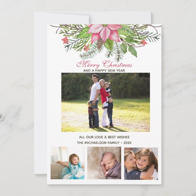 Tarjeta Watercolor Poinsettia 4 Collage Multi-Photo (Anverso)