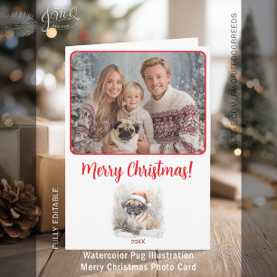 Tarjeta Watercolor Pug Ilustracion Merry Christmas Photo