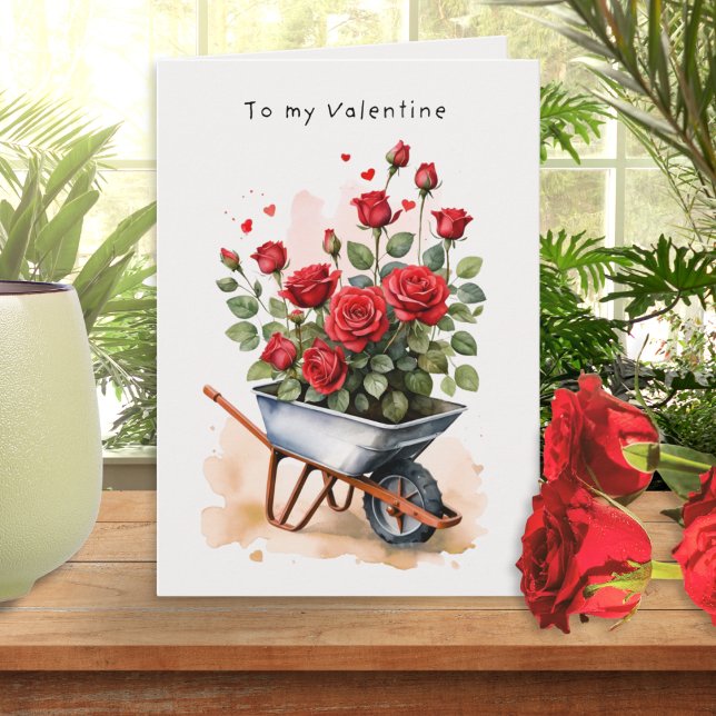 Tarjeta Watercolor Red Roses Rustic Floral Valentine's Day (A beautiful Valentine's Day card with watercolor-style illustration of red roses in a wheelbarrow)