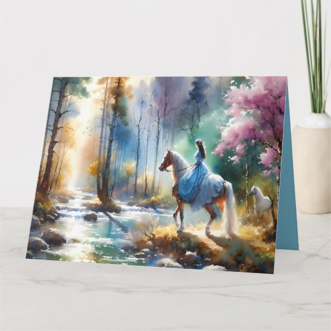 Tarjeta Watercolor River Horsewoman Forest Light (Anverso)