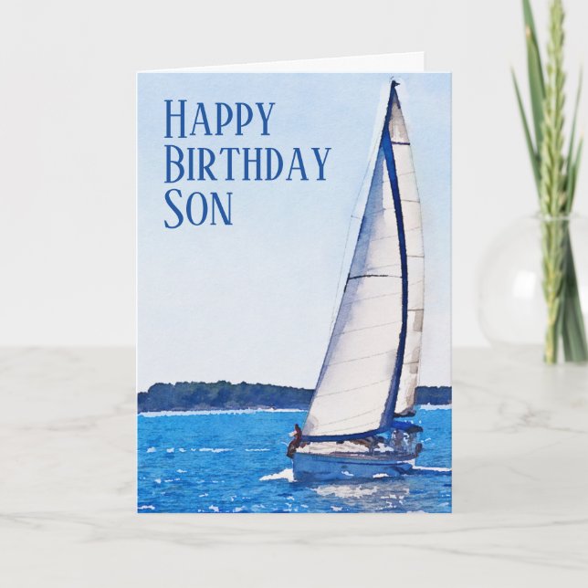 Tarjeta Watercolor Sailboat Happy Birday Son Card (Anverso)