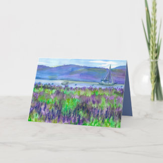Tarjeta Watercolor Sailboat Lupines Feliz cumpleaños