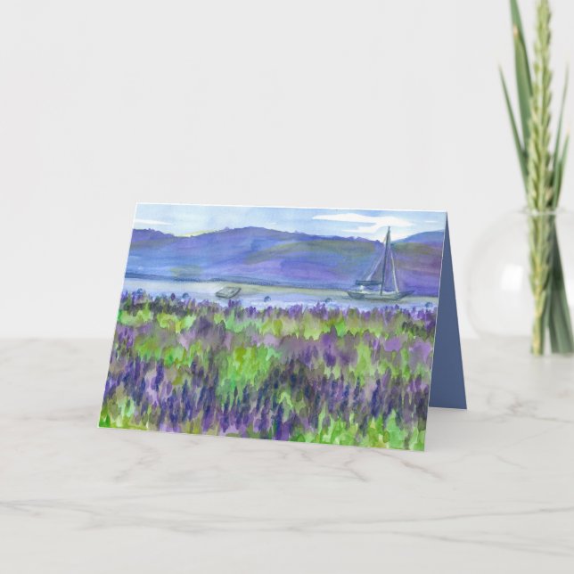 Tarjeta Watercolor Sailboat Lupines Feliz cumpleaños (Anverso)