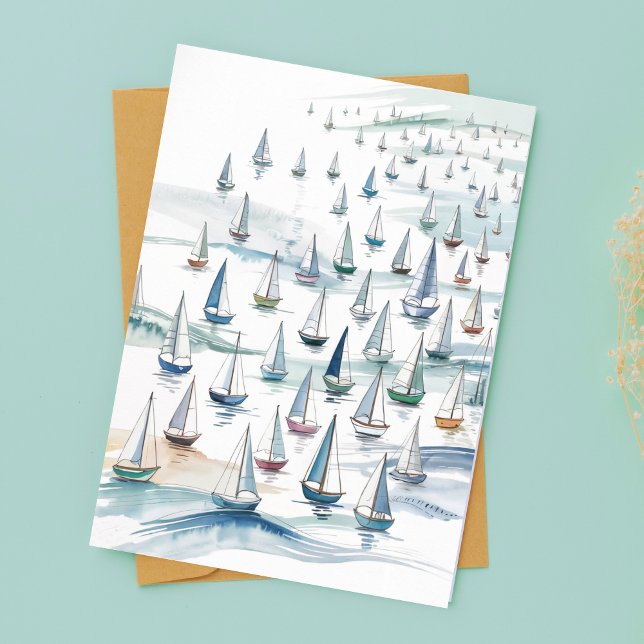Tarjeta Watercolor Sailboats at Sea Nautical Birthday (Subido por el creador)