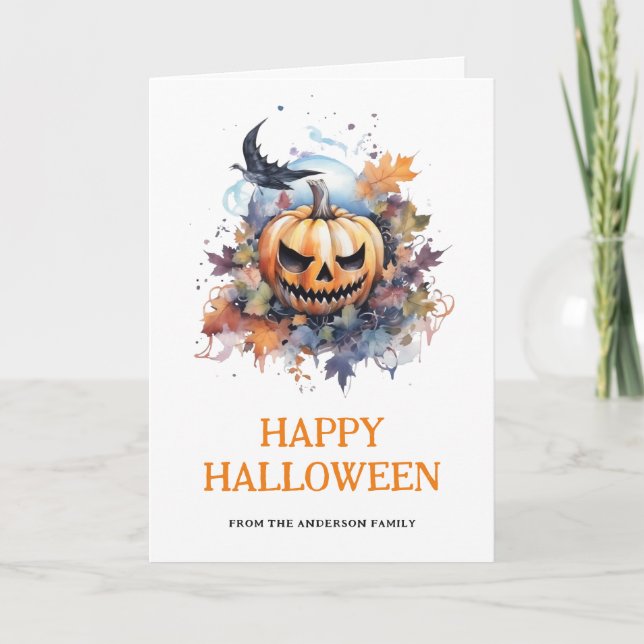 Tarjeta Watercolor Scary Calabaza Foto Feliz Halloween (Anverso)