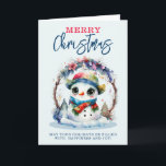 Tarjeta Watercolor Snowman<br><div class="desc">Una acuarela de un lindo muñeco de nieve con una bufanda y un gorra,  con ojos grandes,  en la corona de Navidades</div>