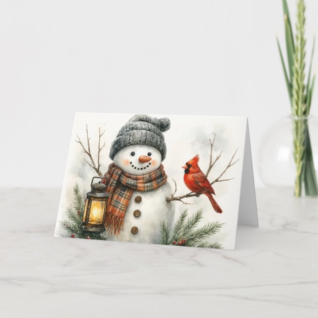 Tarjeta Watercolor Snowman Christmas Card – Lantern & Card (Anverso)