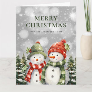 Tarjeta Watercolor Snowman Poinsettia Feliz Navidad