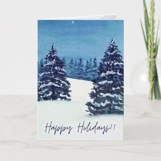 Tarjeta Watercolor snowy trees, Folded Holiday Card (Anverso)