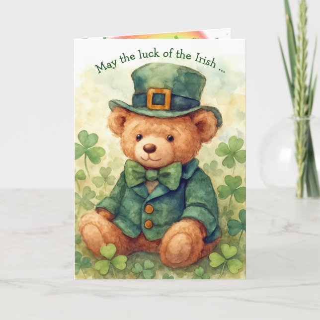Tarjeta Watercolor St. Patrick's Day Teddy Bear  (Anverso)