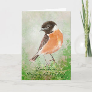 Tarjeta Watercolor Stonechat Bird Feliz Cumpleaños Abuela