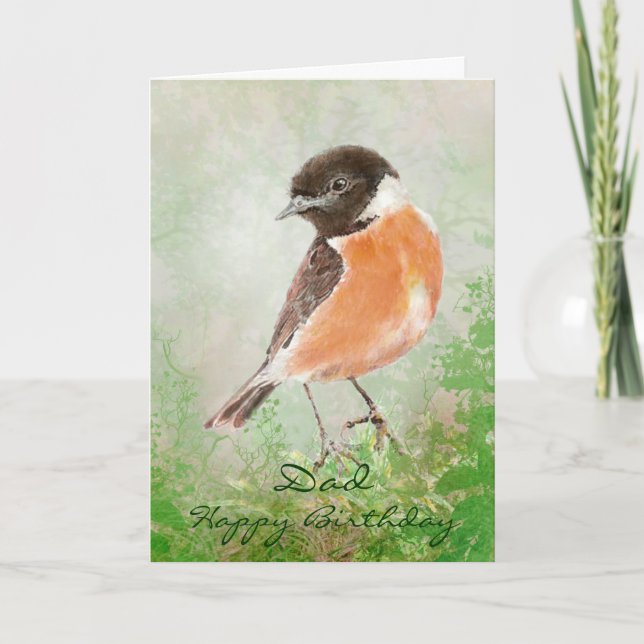 Tarjeta Watercolor Stonechat Bird Feliz cumpleaños papá (Anverso)