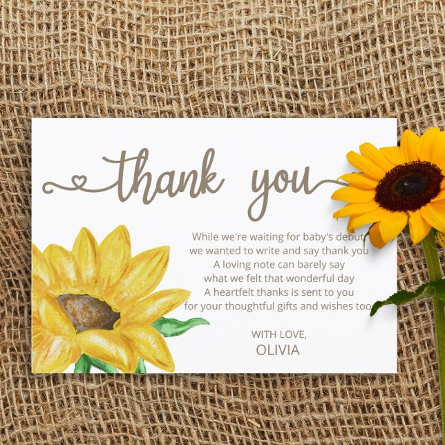 Tarjeta Watercolor Sunflower Baby Shower gracias (Subido por el creador)