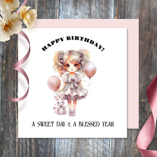Tarjeta Watercolor Sweet Doll Girly Happy Birday Card