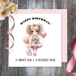 Tarjeta Watercolor Sweet Doll Girly Happy Birday Card