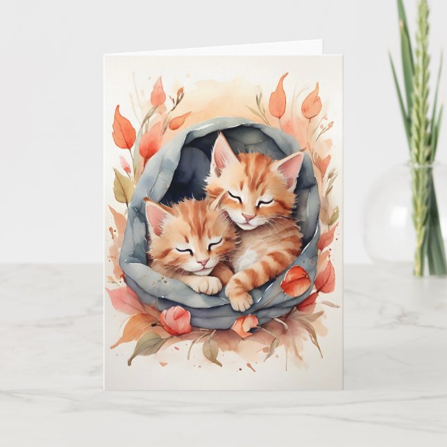 Tarjeta Watercolor Tabby Gatitos Flores Durmientes En Blan (Anverso)