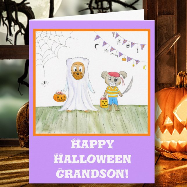 Tarjeta Watercolor Teddy Bears Happy Halloween Grandson (Subido por el creador)