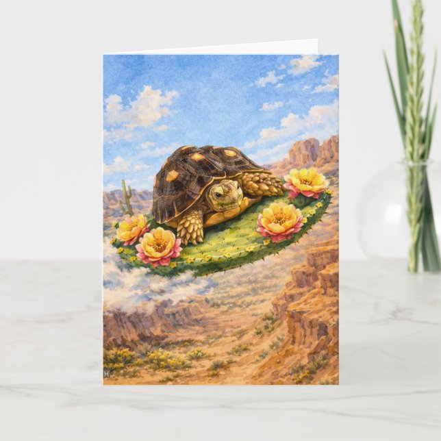 Tarjeta Watercolor Turtle flying on a magic cactus pad (Anverso)