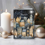 Tarjeta Watercolor Vintage Village Star Navidades nocturno<br><div class="desc">Tarjeta de Navidades nocturnos Watercolor Vintage Village Star. Esta hermosa tarjeta de pueblo de medianoche ofrece un impresionante cielo nocturno sobre un pueblo vintage, con su saludo elegantemente mostrado en la parte delantera. Su muñeco de nieve del pueblo natal, medianoche, tonos estrellados y tranquilos detalles inspirados en el pueblo le...</div>