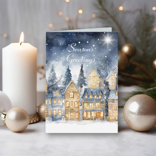 Tarjeta Watercolor Vintage Village Star Navidades nocturno
