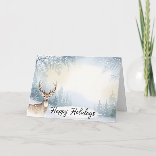 Tarjeta Watercolor Winter Deer Happy Holidays Card (Anverso)