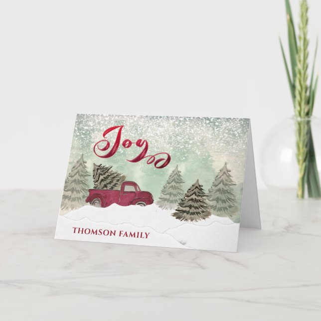 Tarjeta Watercolor Winter escena camioneta roja Joy Holida (Anverso)