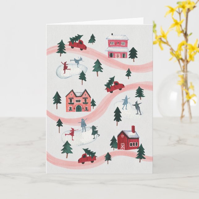 Tarjeta Watercolor Winter Village Scene Holiday Card (flor amarilla)