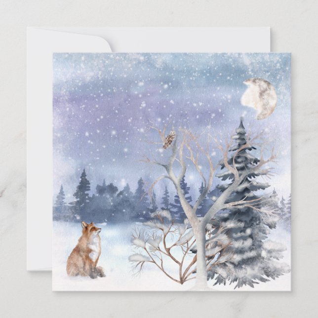 Tarjeta Watercolor Winter Woodland Fox, Owl & Moon (Anverso)