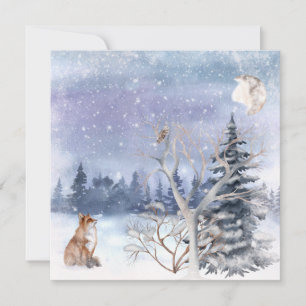 Tarjeta Watercolor Winter Woodland Fox, Owl & Moon