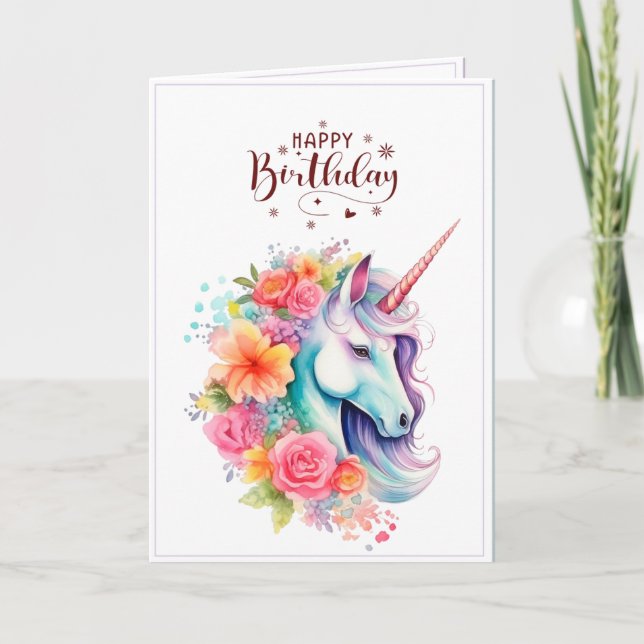 Tarjeta Watercolour Unicorn Floral Happy Birthday Card (Anverso)