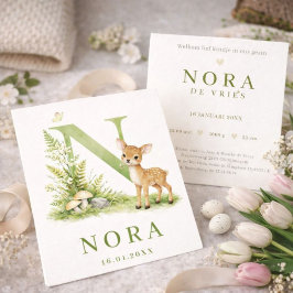 Tarjeta Waterverf Hert Monogram N Geboortekaartje  