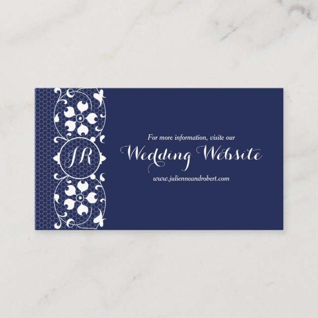 Tarjeta web de Boda de monograma de Navy Lace (Anverso)
