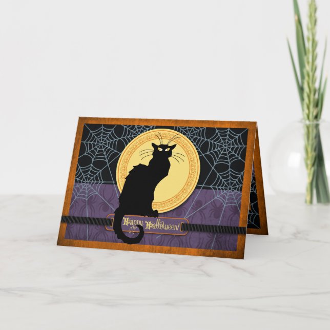 Tarjeta Webs de gato negro y araña en la noche de Hallowee (Anverso)