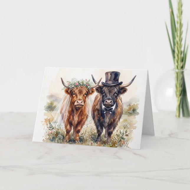 Tarjeta Wedding Bride and Groom Highland Cows (Anverso)