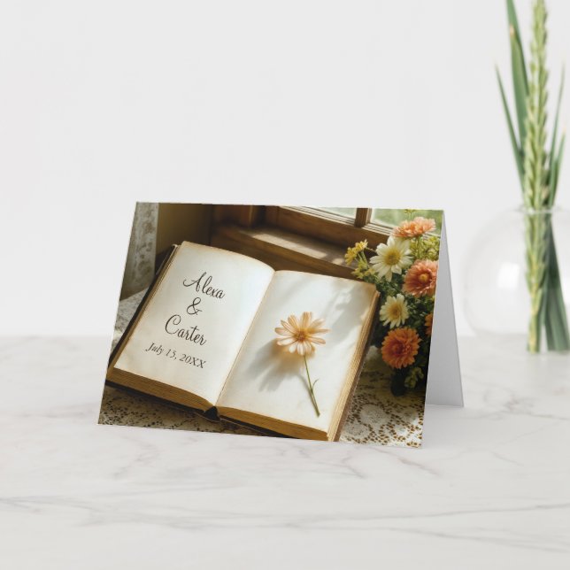 Tarjeta Wedding Date and Names in an Open Book (Anverso)
