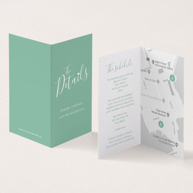 Tarjeta Wedding guest schedule map green enclosure cards (Interior y exterior)