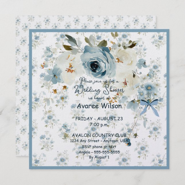 Tarjeta Wedding Shower in Blue Floral (Anverso / Reverso)