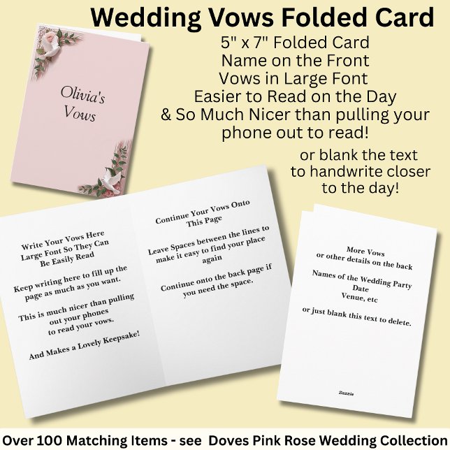 Tarjeta Wedding Vows Folded Card Pink Roses & Doves (Subido por el creador)