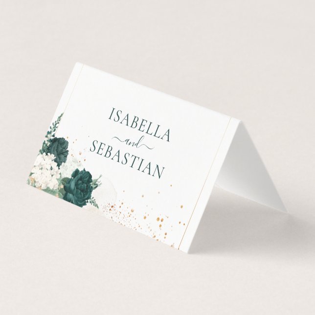 Tarjeta Wedding White QR Emerald Green Rose Floral (Reverso)