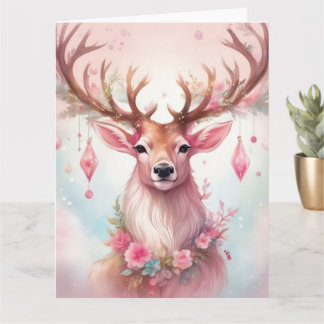 Tarjeta Weihnachten in pink: Rentier mit rosa Weihnachtssc