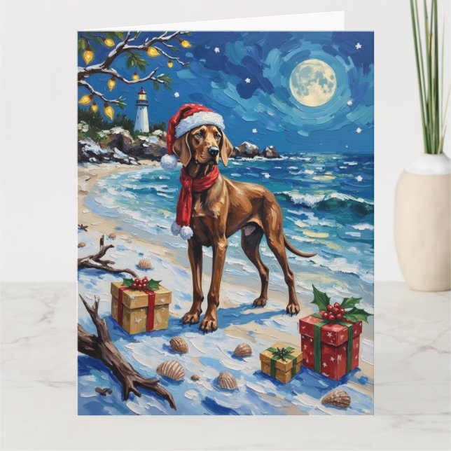 Tarjeta Weimaraner Christmas Beach Holiday (Anverso)