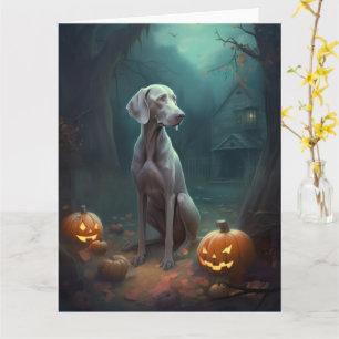 Tarjeta Weimaraner de Halloween con calabazas Espeluznante