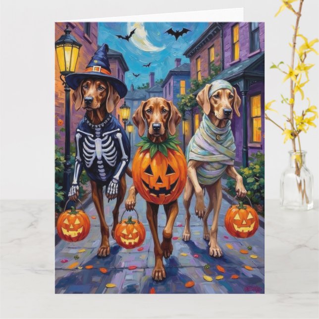 Tarjeta Weimaraner pidiendo dulces con disfraces de Hallow (flor amarilla)