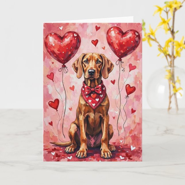 Tarjeta Weimaraner Valentine Dog Sitting with Hearts Red (flor amarilla)