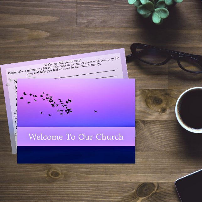 Tarjeta Welcome To Our Church Visitors Purple Sunset (Welcome To Our Church Visitors Purple Sunset Card)