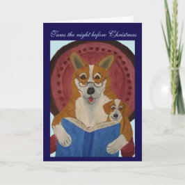 Tarjeta Welsh Corgi leyendo Cuento de Navidad a Cachorro