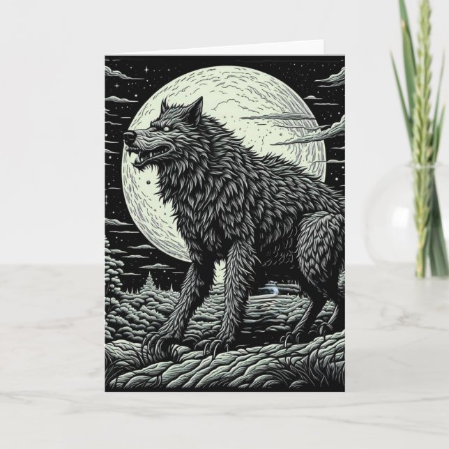 Tarjeta Werewolf vintage frente a la luna llena (Anverso)