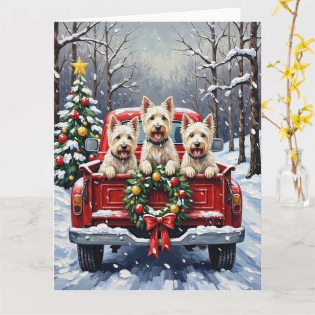 Tarjeta West Highland White Terrier Christmas Red Truck (flor amarilla)