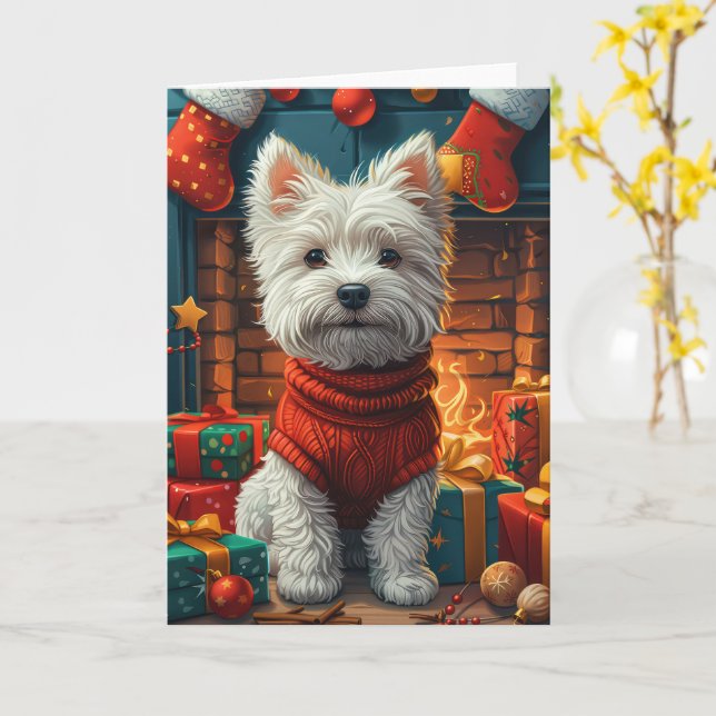 Tarjeta West Highland White Terrier con regalos de Navidad (flor amarilla)